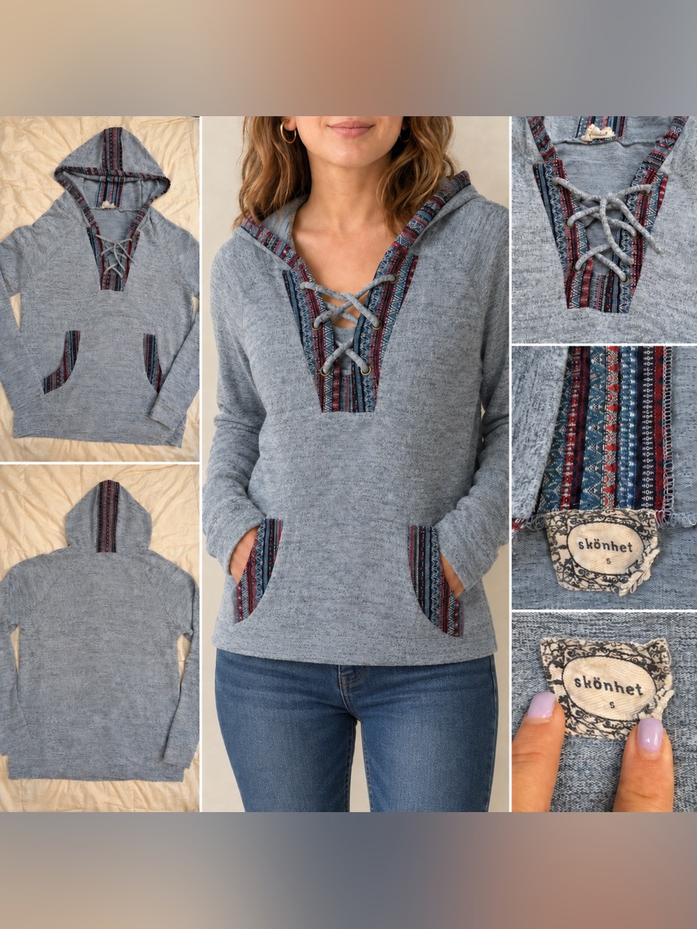 Skonhet Boho BAJA lace-Up Hoodie Southwestern Trim Blue Gray Small